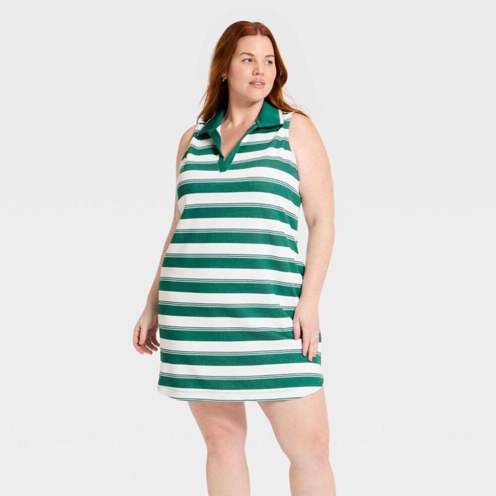 all in motion Green and White Striped Sleeveless Polo Dress NWOT
